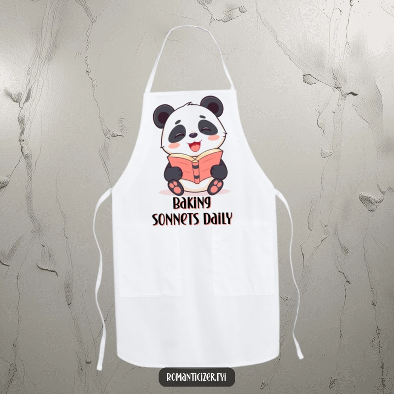 Funny Panda Apron featuring a giggling panda with a radiant smile reading poetry, a charming kitchen essential.