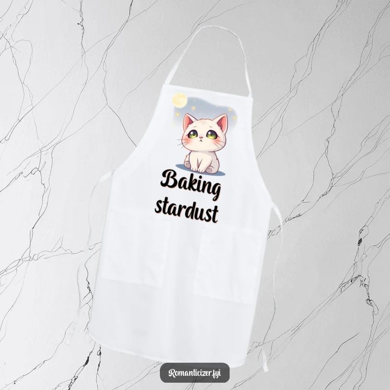 Funny cat moon apron with a dreamy cat gazing at the moon, stars in its eyes, for a magical cooking experience.