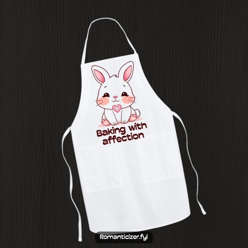 Funny blushing bunny apron, depicting a sweet bunny looking affectionately at a small, sparkling heart icon, perfect for sweet kitchen tasks.