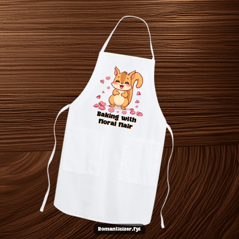 Funny apron showcasing a happy squirrel scattering rose petals while cooking, adding a humorous and delightful element to kitchen tasks.