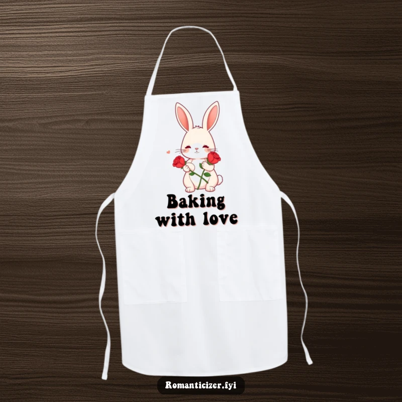 Funny apron with a cute bunny holding a red rose and looking dreamy, ideal for cooking with a romantic, humorous theme.