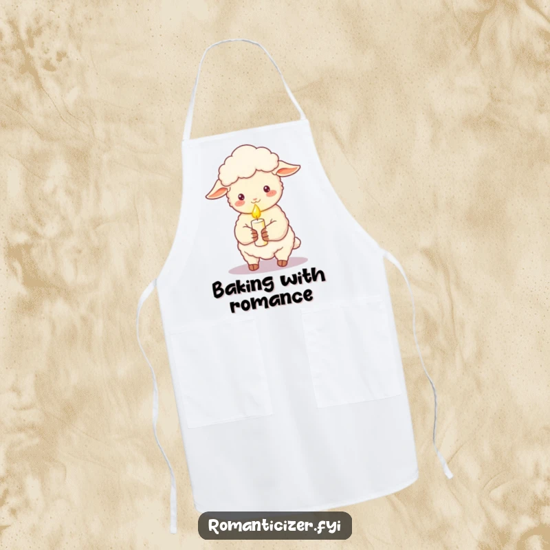 Funny sheep apron holding a lit candle, casting a soft romantic glow, adding a whimsical touch to kitchen activities.