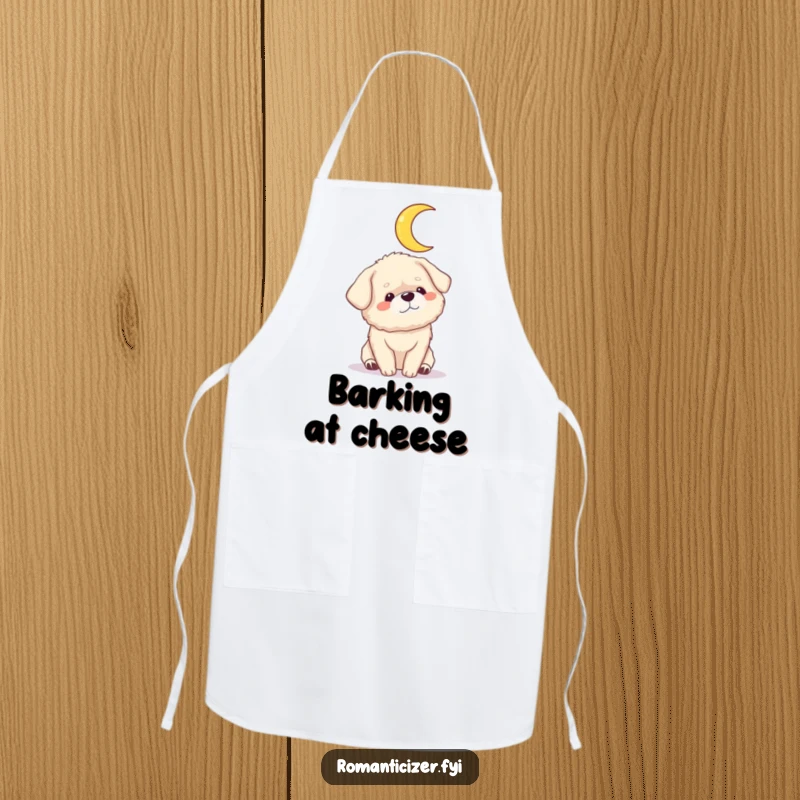 Funny dog moon apron showing a fluffy dog gazing adoringly at a crescent moon. Humorous kitchen wear for dog lovers.