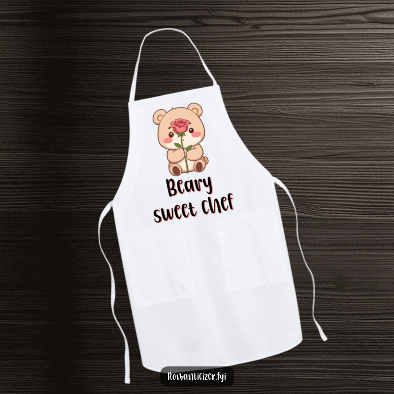 Funny apron featuring a small bear dreamily presenting a single perfect rose while cooking.