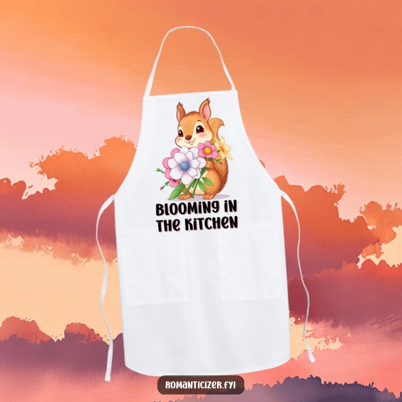 Funny apron featuring a cute squirrel holding a large bouquet of flowers, perfect for kitchen use, a unique funny gift for cooks.