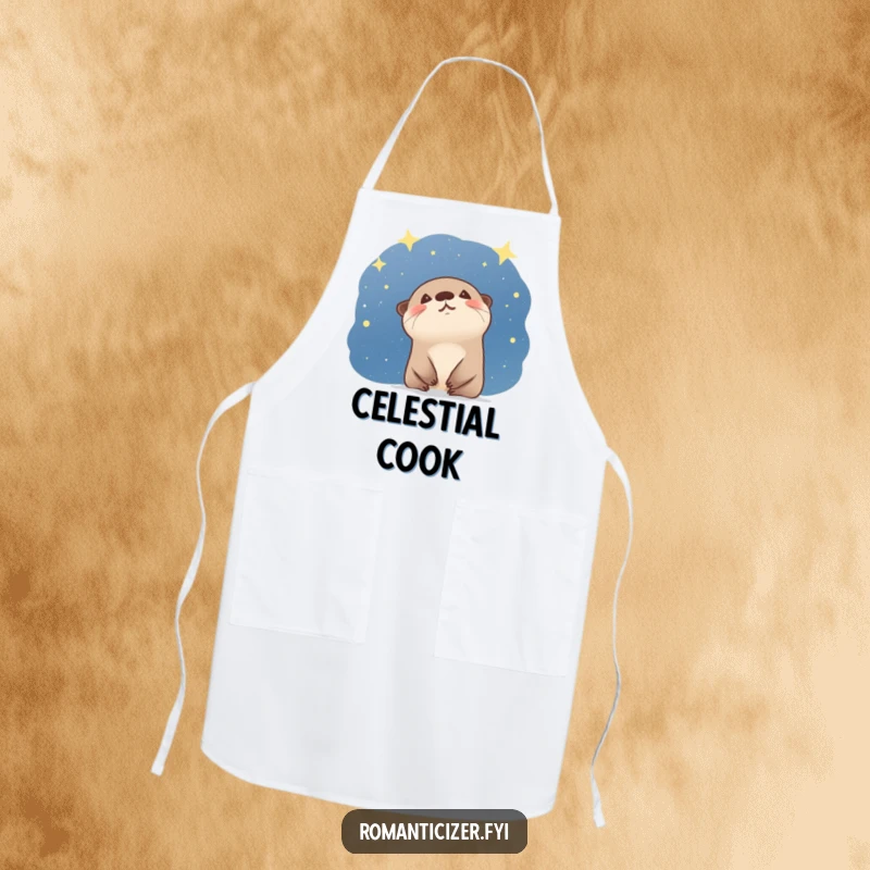 Funny otter apron for the kitchen, showing a giggling animal gazing at stars, making cooking humorous and magical. Cute gift.