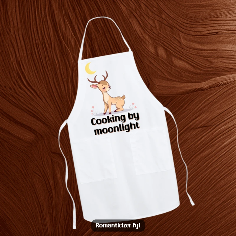 Romantic deer apron with a graceful deer gazing at a crescent moon. Whimsical kitchen wear for nature lovers.