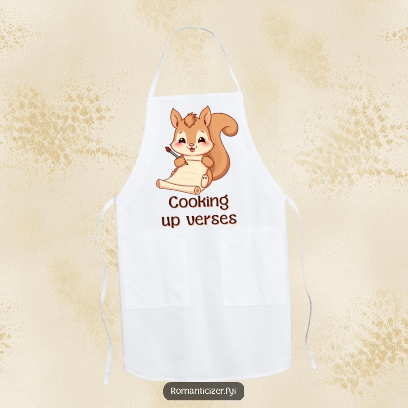 Funny apron, a squirrel humorously writing poetry with a quill, adding a literary and funny touch to kitchen tasks.