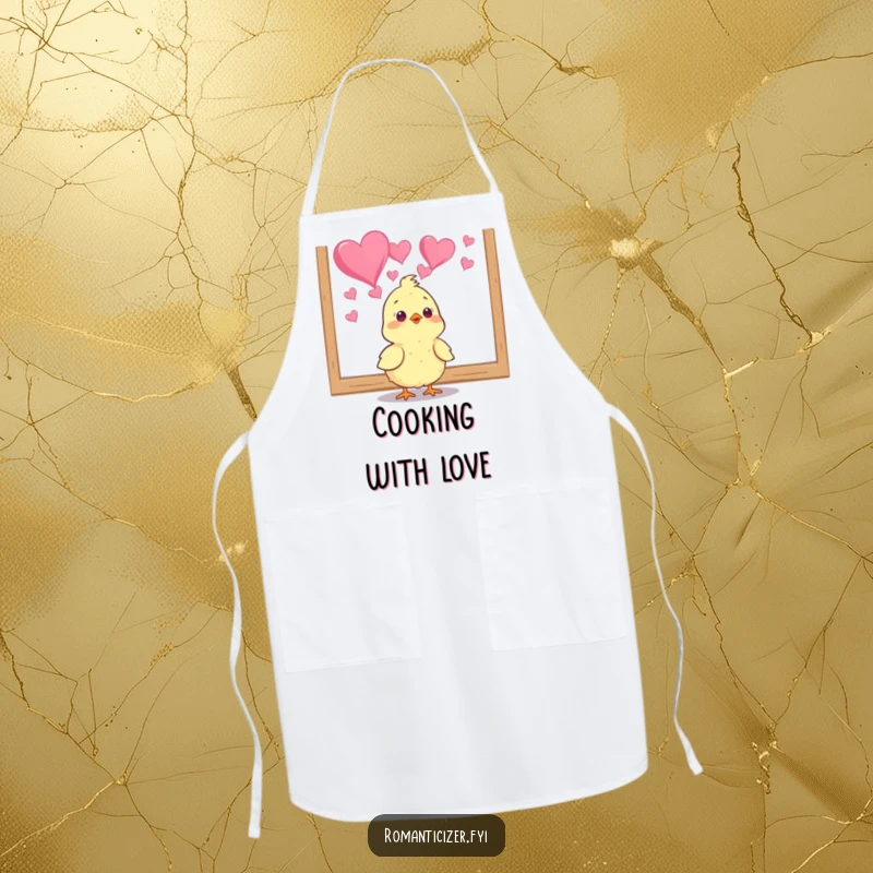 Funny chick apron for the kitchen, showing a bird admiring heart art, making cooking humorous and joyful. A cute gift.