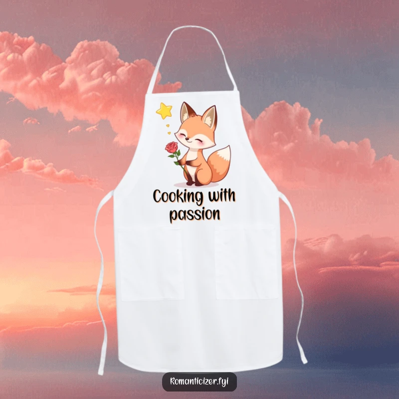Funny fox apron, depicting a happy fox holding a rose and sighing dreamily while looking towards a star, perfect for romantic cooking.