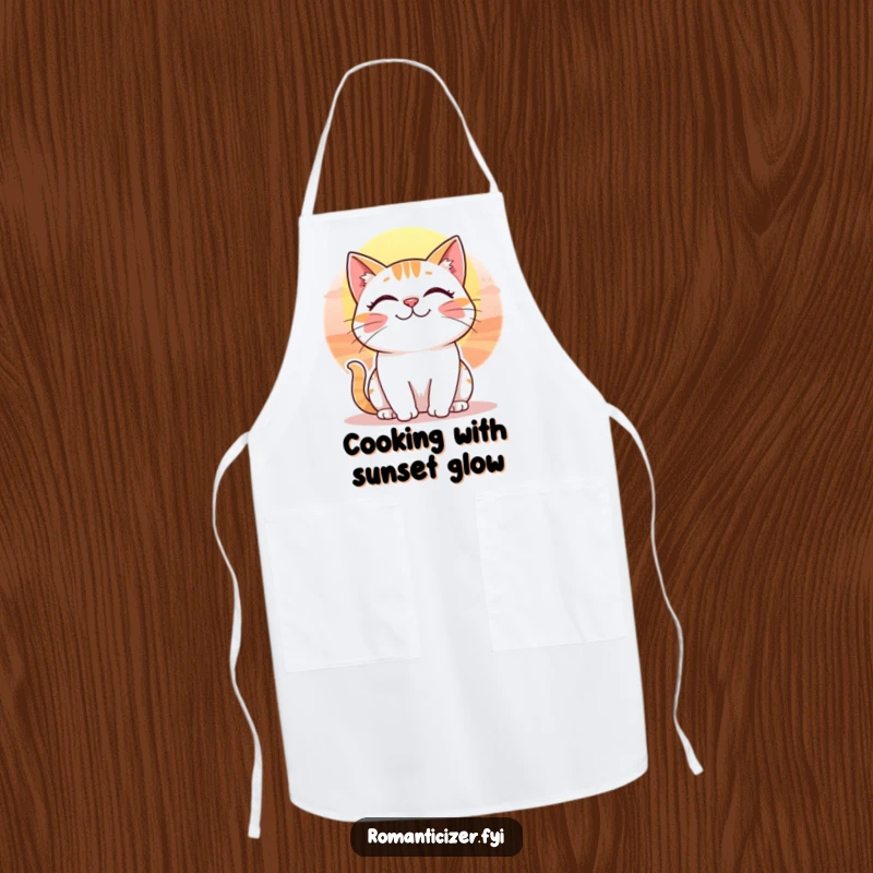 Funny kitchen apron showing a cheerful cat with a whimsical smile watching a breathtaking sunset.