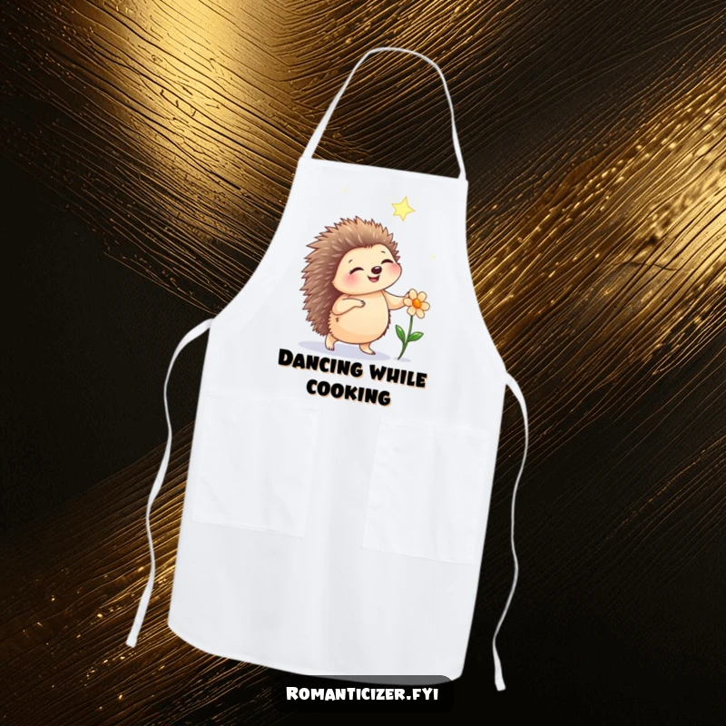 Funny hedgehog apron showing a happy hedgehog dancing under starlight with a flower, perfect for a cook with a joyful spirit.