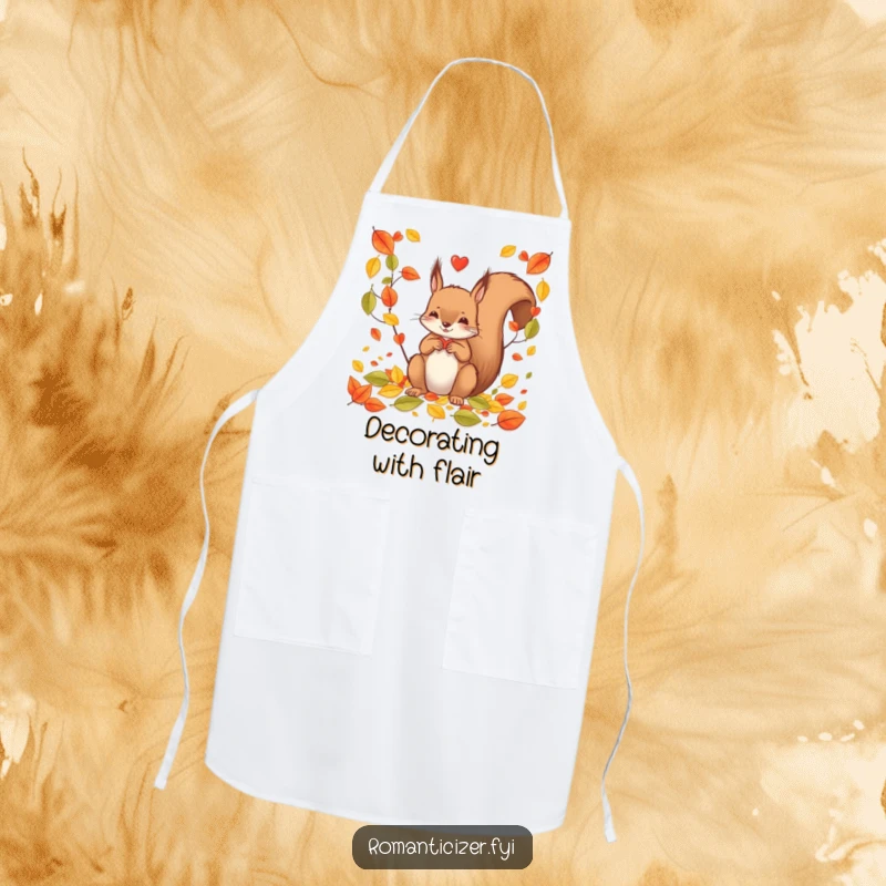Funny squirrel apron busy in the kitchen, crafting a heart shape from fallen leaves, adding a touch of humor to cooking.