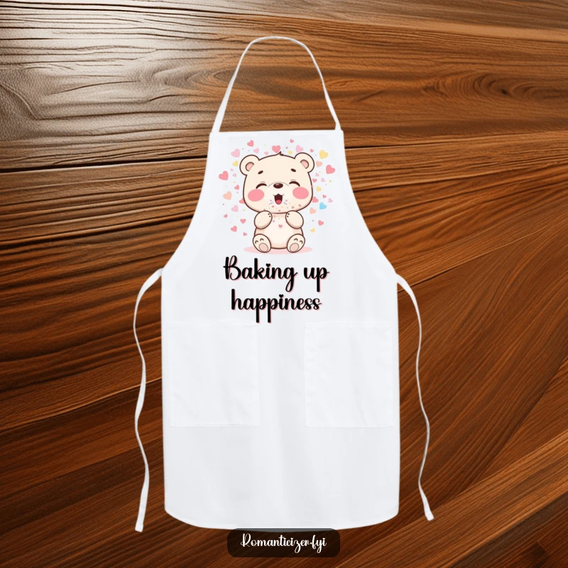 Funny bear cub apron showing a cheerful cub blowing heart-shaped confetti, ideal for festive kitchen activities.