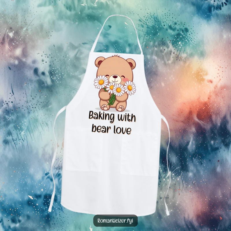 Funny apron depicting a charming bear with a shy smile, holding a large bouquet of daisies, ready for kitchen fun.