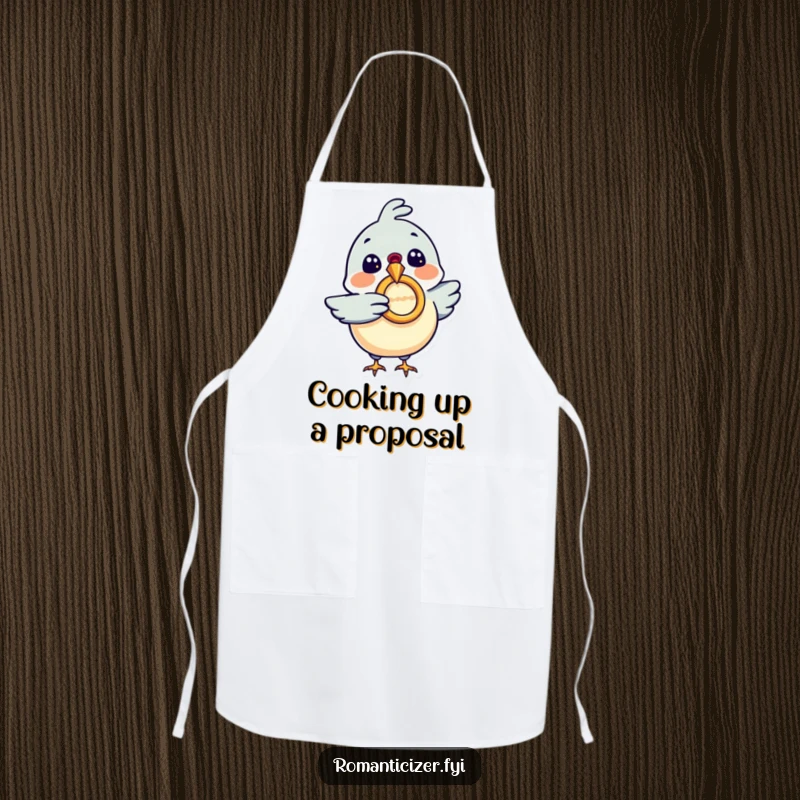 Funny apron featuring an excited bird holding a diamond ring, perfect for kitchen use, a unique funny gift for cooks.