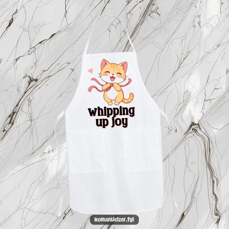 Funny cat apron featuring a playful cat happily twirling with a ribbon, a sign of pure joy. Whimsical kitchen wear for cat lovers.