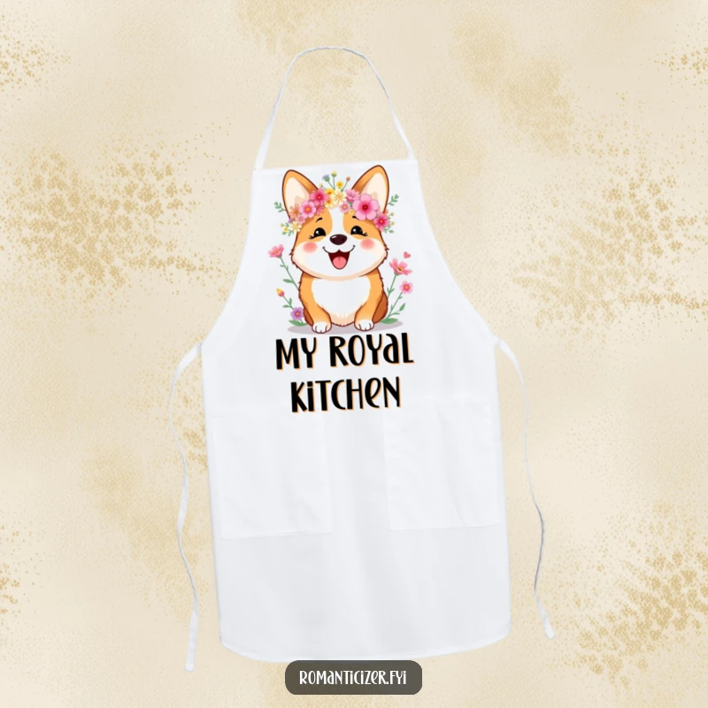 Funny Apron depicting a joyful corgi wearing a crown of wildflowers and smiling sweetly, perfect for kitchen tasks with a dose of cuteness.