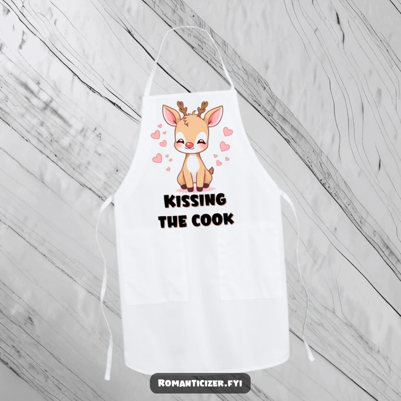 Funny deer kiss apron featuring a gentle deer blowing a kiss with hearts, making baking a loving experience.