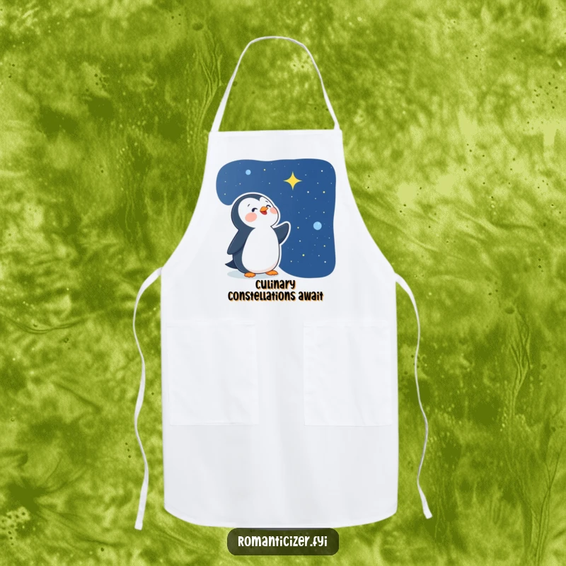 Funny delighted penguin apron showing a happy bird looking at a starry night sky, perfect for cooking with a magical, wondrous spirit.