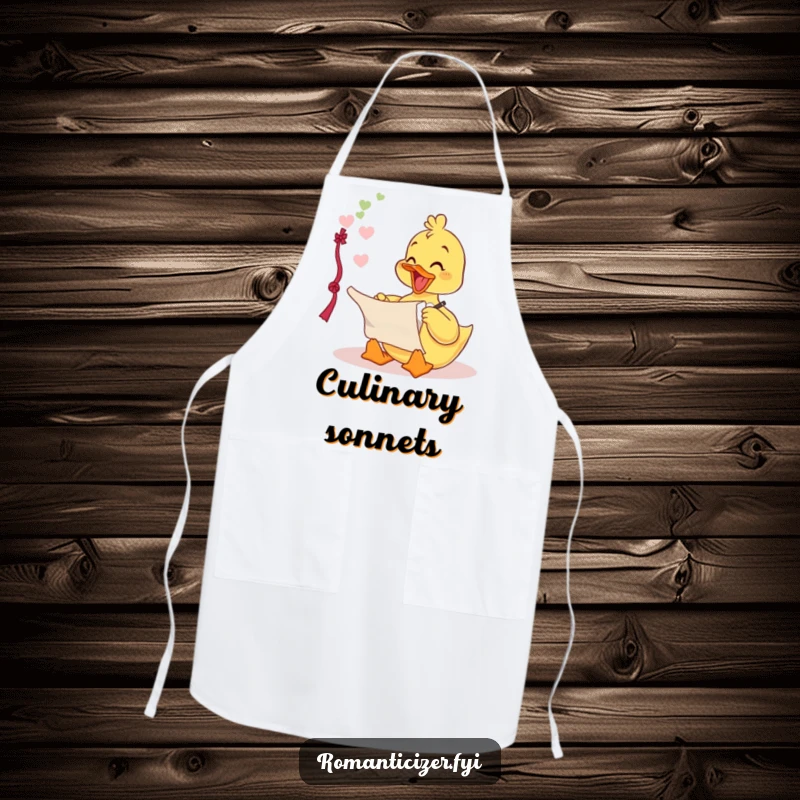 Funny apron with a delighted duckling writing a love poem on a scroll, ideal for cooking with a romantic, humorous theme.