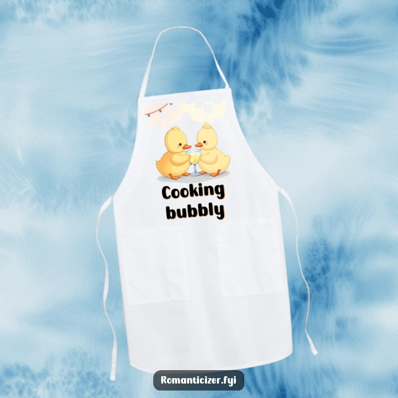 Funny duckling apron sharing a small sparkling drink under soft lights, adding a touch of humor to cooking and baking.