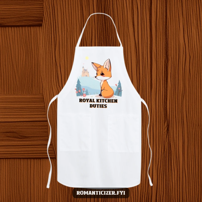Funny apron featuring a charming fox gazing wistfully at a distant, glowing fairytale castle.