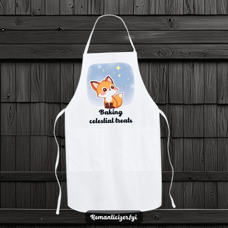Funny fox apron with a delighted fox gazing at a starry sky, stars sparkling in its eyes. Whimsical kitchen wear for stargazing chefs.