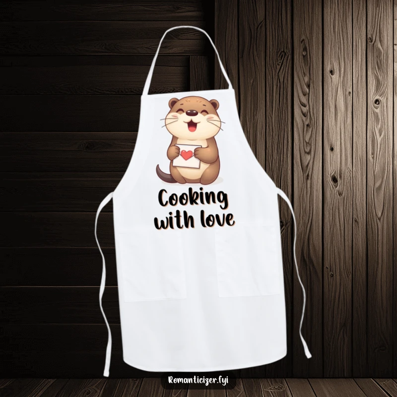 Funny Otter Apron featuring a happy otter clutching a tiny love letter, a cute and functional kitchen accessory.