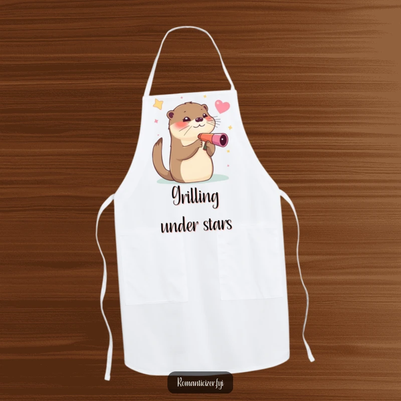 Funny apron, an otter humorously gazing at stars through a heart-shaped telescope, adding a celestial and funny touch to kitchen tasks.