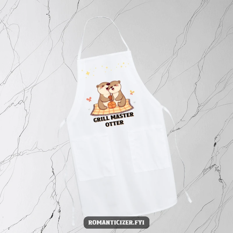 Funny apron featuring a cheerful otter enjoying a picnic under a starry night sky.