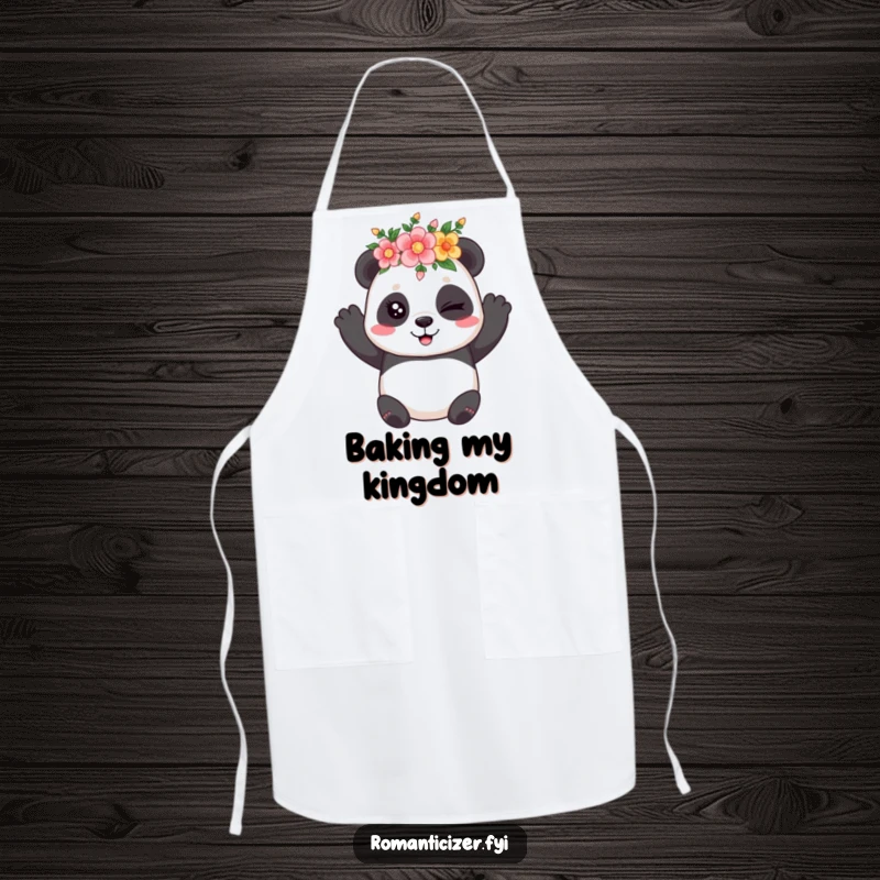 Funny apron featuring a playful panda wearing a flower crown and winking coyly, perfect for adding fun to cooking.