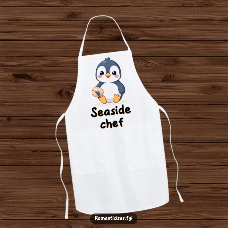 Funny penguin apron for the kitchen, showing a happy bird offering a seashell with a smile, making cooking humorous. Cute gift.