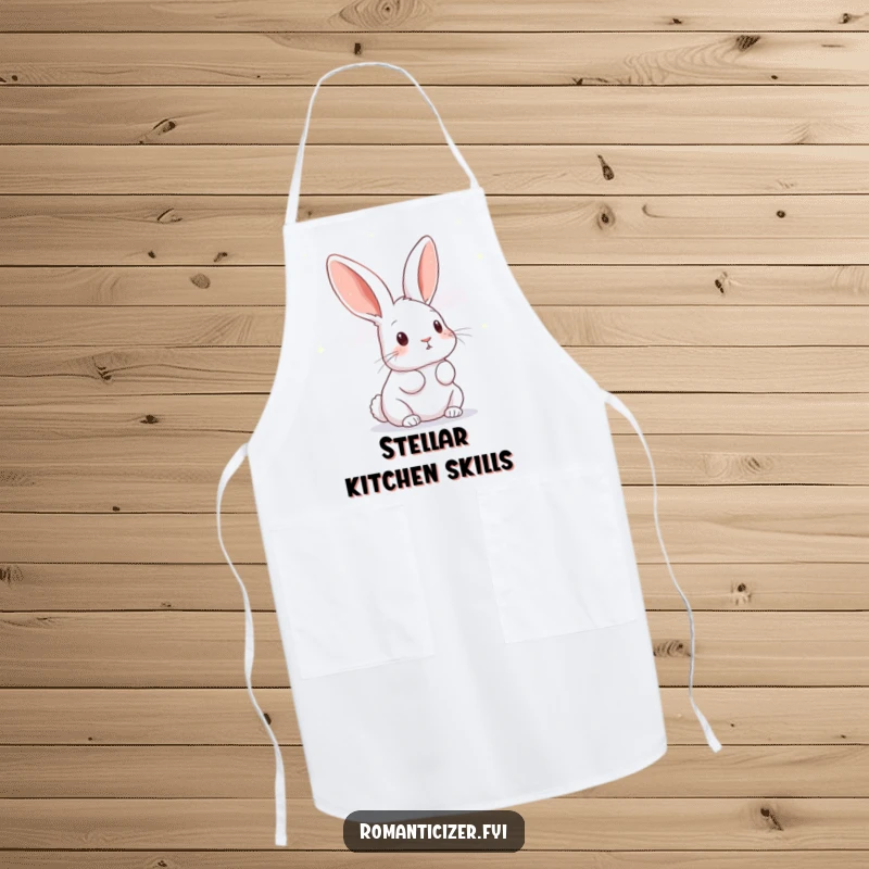 Funny rabbit apron showing a curious bunny gazing at a sky full of stars, suitable for kitchen activities.