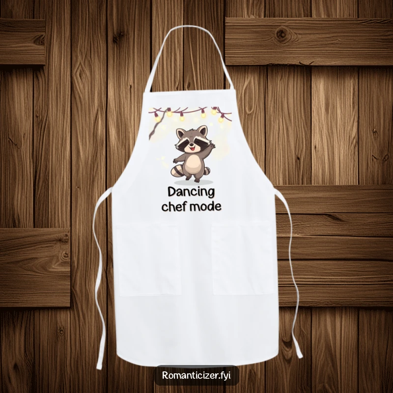 Funny Apron showing a grinning raccoon doing a happy dance illuminated by magical fairy lights, ideal for a fun cooking experience.