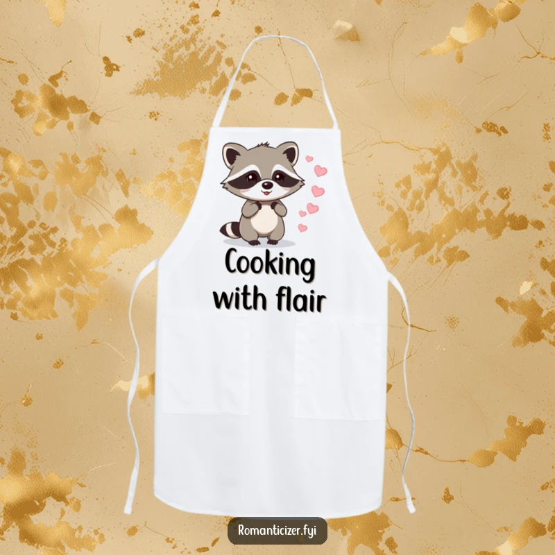 Funny raccoon apron with a raccoon leaving a trail of sparkling hearts, perfect for a funny kitchen lover.