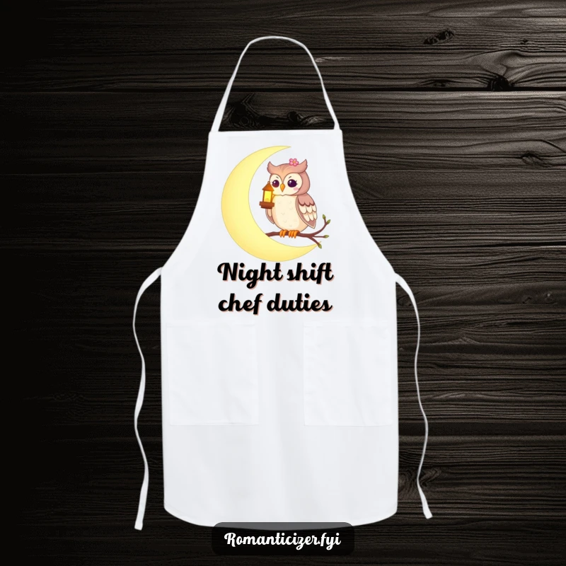 Funny apron with a romantic owl on a crescent moon, holding a glowing lantern, adding a touch of enchantment to cooking.
