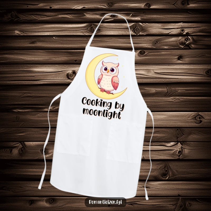 Funny apron with a romantic owl perched on a moon under a starry sky, perfect for whimsical kitchen adventures.