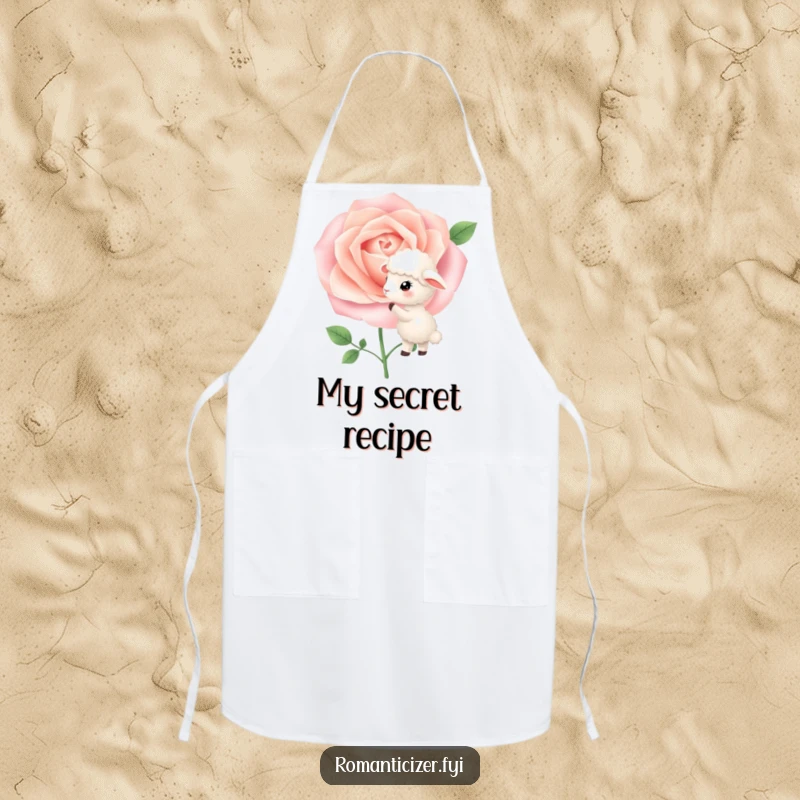 Funny Apron depicting a sheep whispering secrets to a blooming rose, ideal for kitchen tasks with a side of sweet humor.