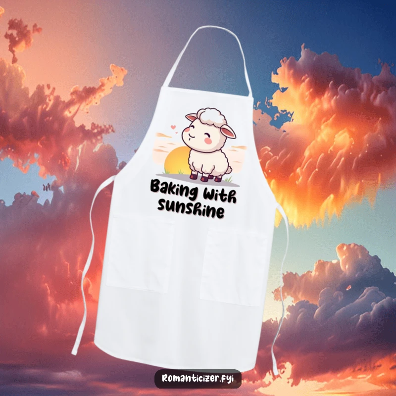 Funny sheep apron with a contented sheep watching a sunset, perfect for a funny kitchen lover.