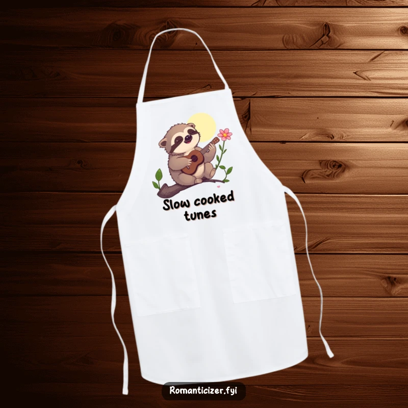Funny apron, a sloth humorously playing a guitar to serenade a flower under the moonlight, adding a musical and funny touch to kitchen tasks.