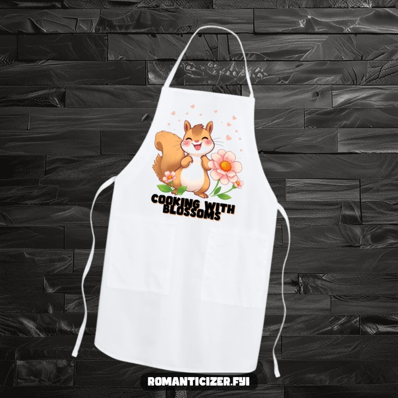 Funny Squirrel Apron featuring a joyful squirrel showering a flower with perfume, a charming kitchen accessory.
