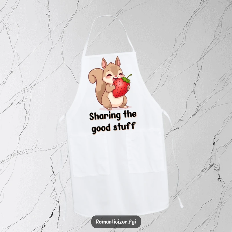 Funny squirrel apron showing a squirrel sharing an oversized strawberry, perfect for humorous kitchen kindness.
