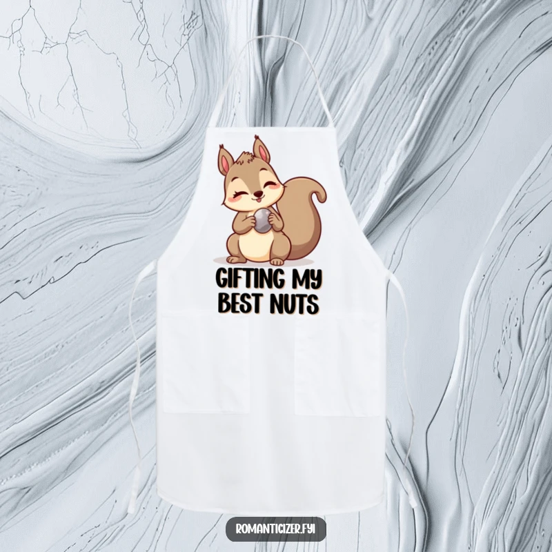 Funny apron with a mischievous squirrel winking and presenting a shiny pebble, perfect for adding humor to kitchen tasks.