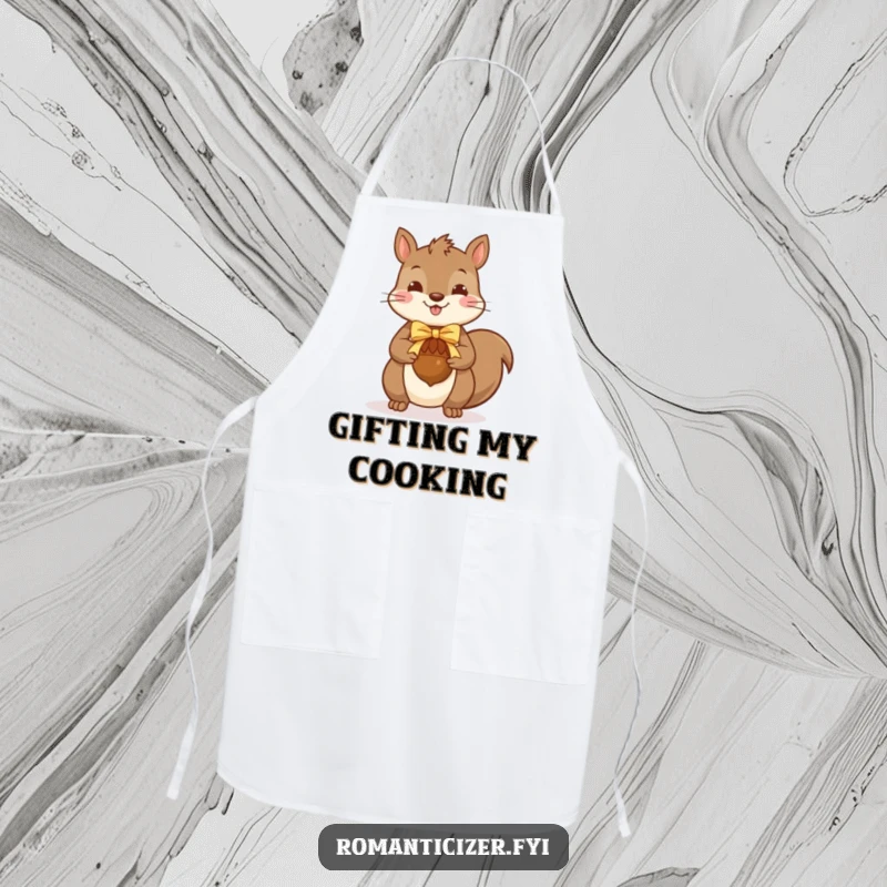 Funny squirrel apron showing a happy squirrel presenting a ribbon-tied acorn, perfect for a cook with a cheerful disposition.