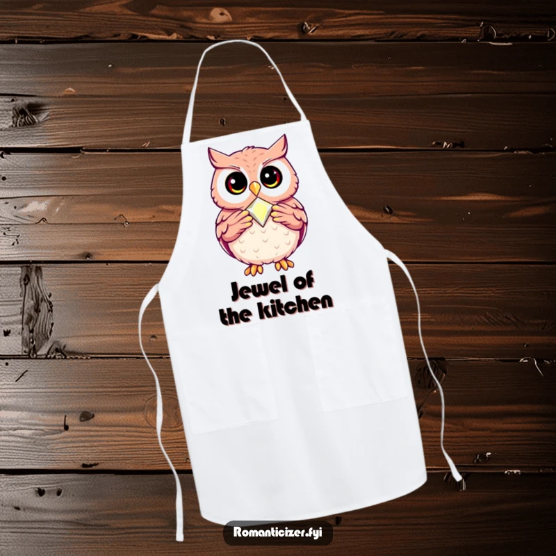 Funny apron with a happy owl proudly presenting a sparkling jewel, ready to add brilliance to the kitchen.