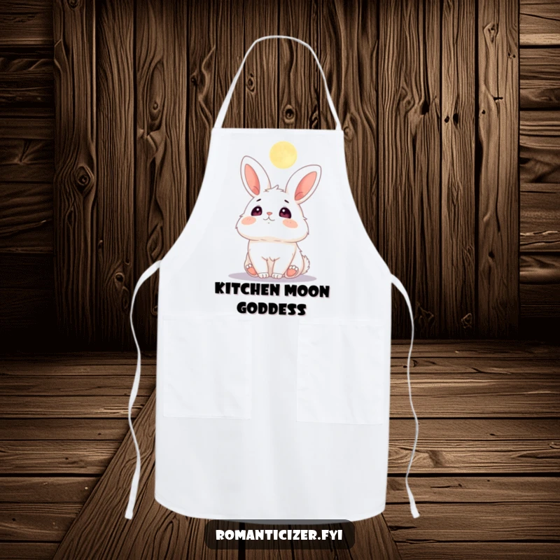 Funny apron featuring a fluffy bunny with adoring eyes looking up at the moon.