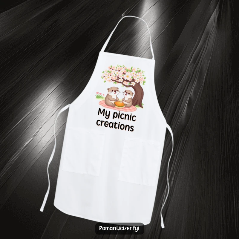 Funny cheerful otter apron featuring a happy animal having a picnic under a blooming tree, perfect for cooking with a joyful spirit.