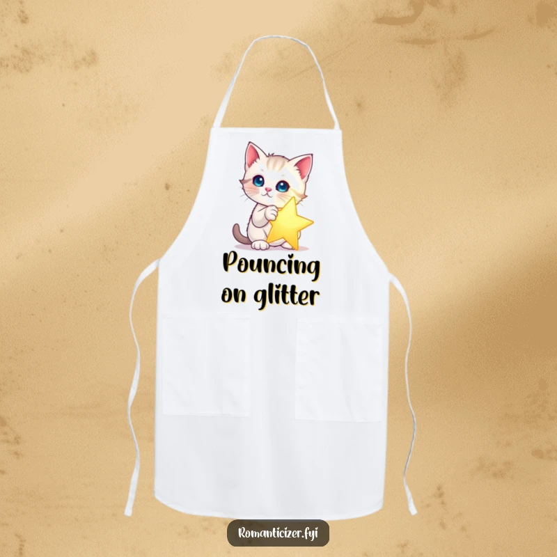 Funny kitten star apron showing a kitten dramatically posing with a single, glowing star. Humorous kitchen wear for cat lovers.