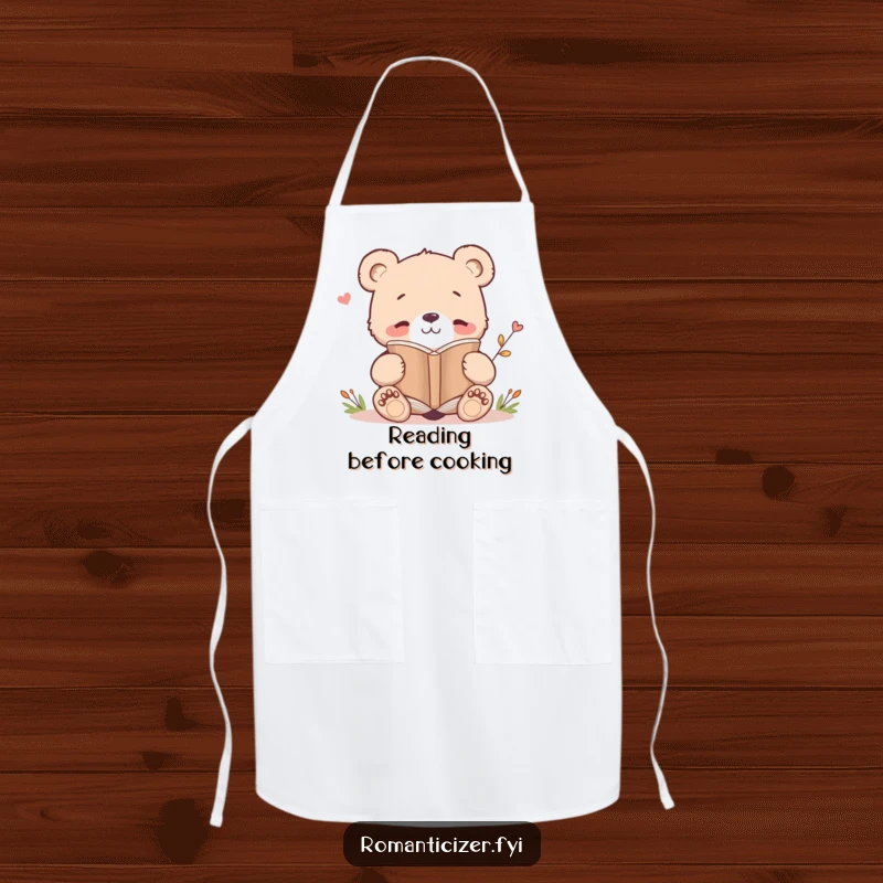 Funny apron designed with a bear cub reading a poetry book, adding a touch of literary humor to kitchen activities.